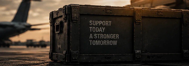 Rugged supply case beside an aircraft — illustrative imagery